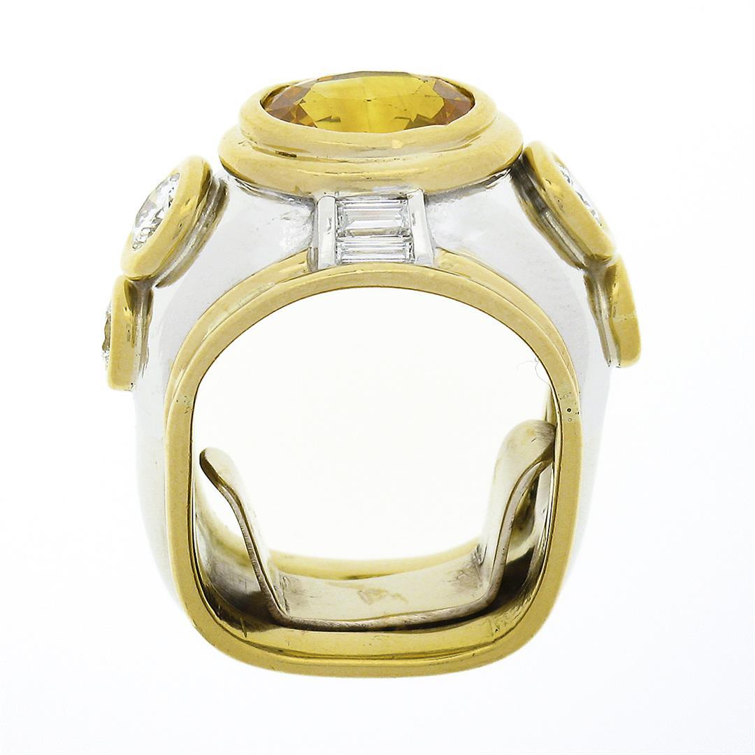 Vintage 18K TT Gold GIA Orange Yellow Bezel Sapphire & Diamond Unique Domed Ring