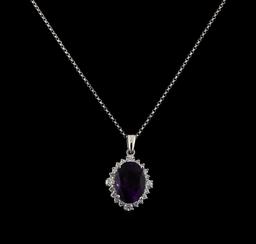 4.46 ctw Amethyst and Diamond Pendant With Chain - 14KT White Gold