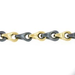 Unisex Vintage Italian 14K Yellow Gold Alternating Hematite Link Chain Bracelet
