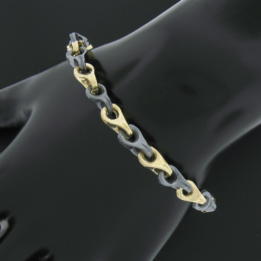 Unisex Vintage Italian 14K Yellow Gold Alternating Hematite Link Chain Bracelet