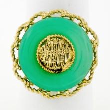 Vintage 18K Gold Braided Twisted Wire Frame Circle Platter Cocktail Jade Ring