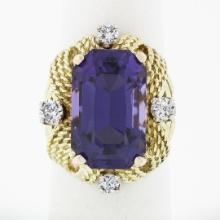 Large Vintage 18K Gold Amethyst & Diamond Twisted Wire Open Work Cocktail Ring