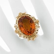 Vintage 14K Yellow Gold 12.0 ctw Large Oval Citrine Solitaire Ring w/ Floral Hal