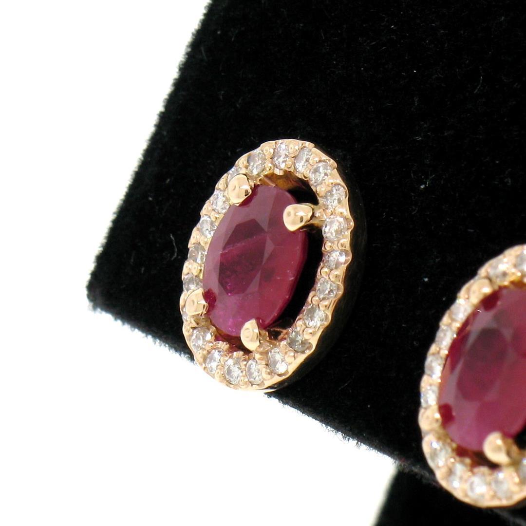 NEW 14k Rose Gold 2.54 ctw Solitaire Oval Ruby w/ Diamond Halo Post Stud Earring