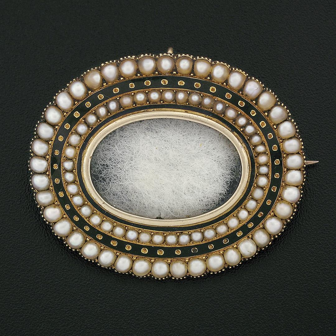 Antique Victorian 18k Gold Pearl & Black Enamel Oval Mourning Brooch Pin Pendant