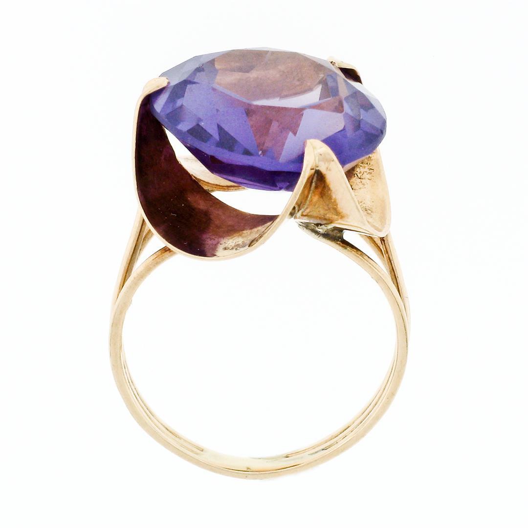 Retro Vintage Handmade 14k Rose Gold 13.7mm Synthetic Alexandrite Solitaire Ring