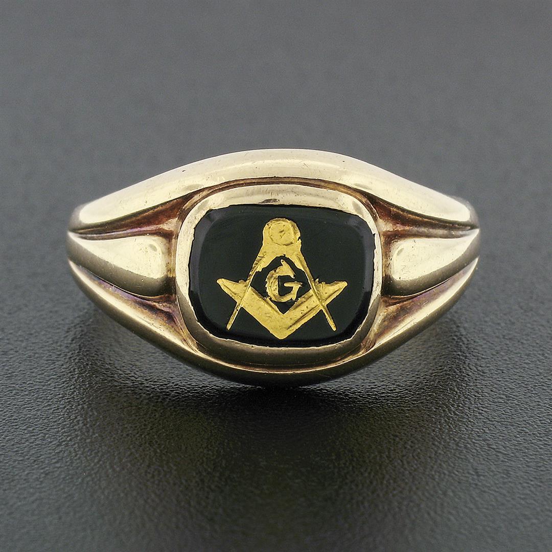 Men's Vintage 10k Gold Black Onyx Gold Leaf Design Masonic Solitaire Band Ring