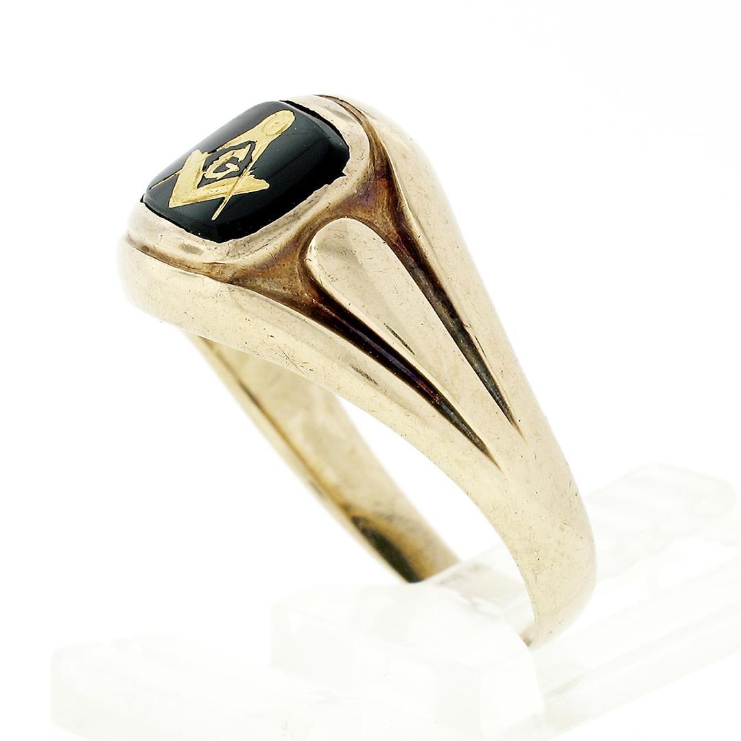 Men's Vintage 10k Gold Black Onyx Gold Leaf Design Masonic Solitaire Band Ring