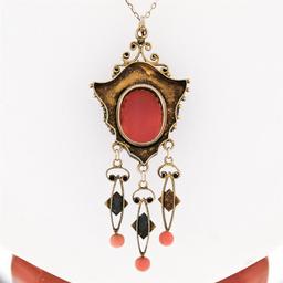 Antique Victorian 14K Gold High Relief Carved Coral Cameo & Bead Dangle Pendant
