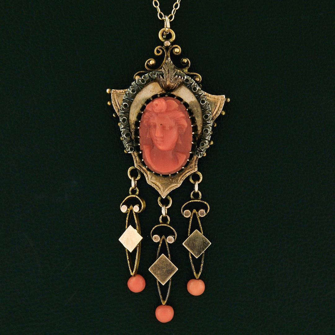 Antique Victorian 14K Gold High Relief Carved Coral Cameo & Bead Dangle Pendant
