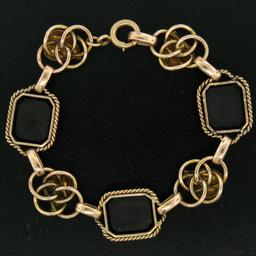 Retro Vintage 14k Green and Rose Gold Black Onyx and Open Leaf Link Bracelet