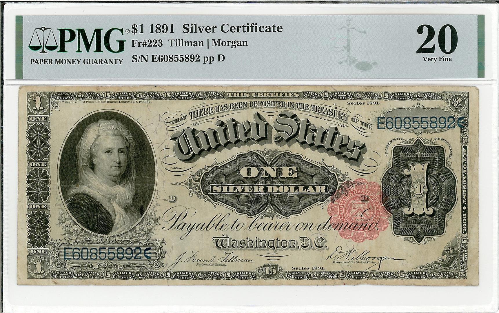 1891 $1 Silver Certificate Bank Note PMG 20 Very Fine
