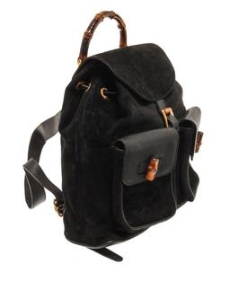 Gucci Black Suede Medium Vintage Bamboo Backpack