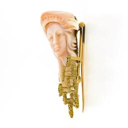Vintage Carved Woman Angel Skin Coral.24 ctw Diamond 18K Gold Textured Pin Brooc