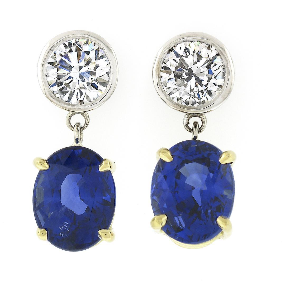 NEW 18k Gold 4.98 ctw GIA Oval Blue Sapphire Bezel Diamond Drop Dangle Earrings