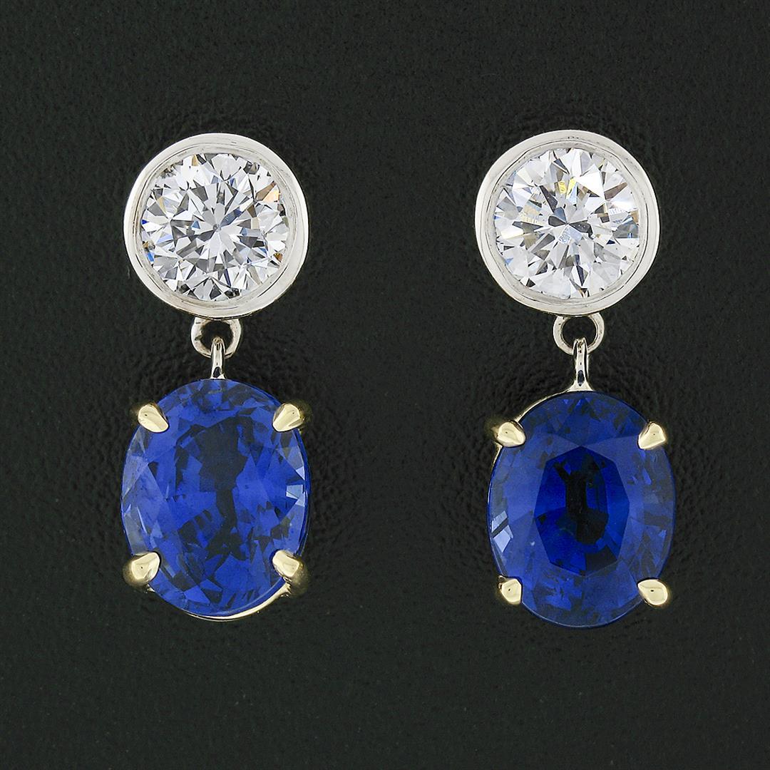 NEW 18k Gold 4.98 ctw GIA Oval Blue Sapphire Bezel Diamond Drop Dangle Earrings