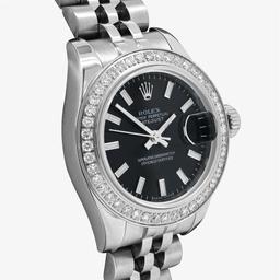 Rolex Quickset Ladies Stainless Steel Black Diamond Bezel Hidden Clasp Jubilee D