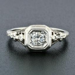 Antique Art Deco 18k White Gold European Diamond Floral Filigree Engagement Ring