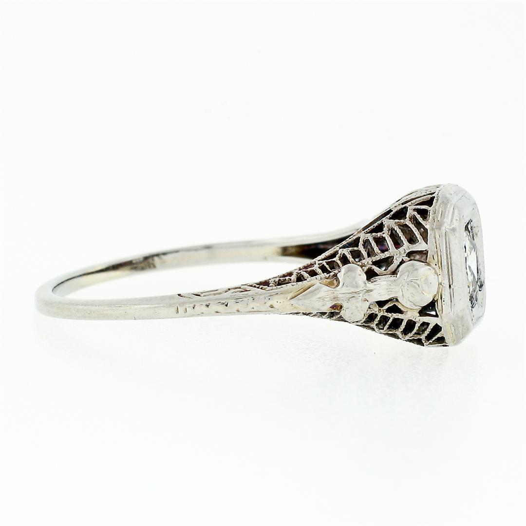 Antique Art Deco 18k White Gold European Diamond Floral Filigree Engagement Ring