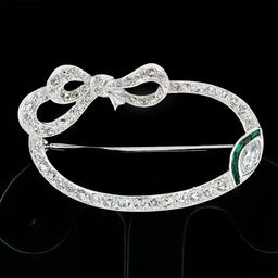 Antique Art Deco Platinum European Marquise Diamond Ribbon Bow Wreath Brooch Pin