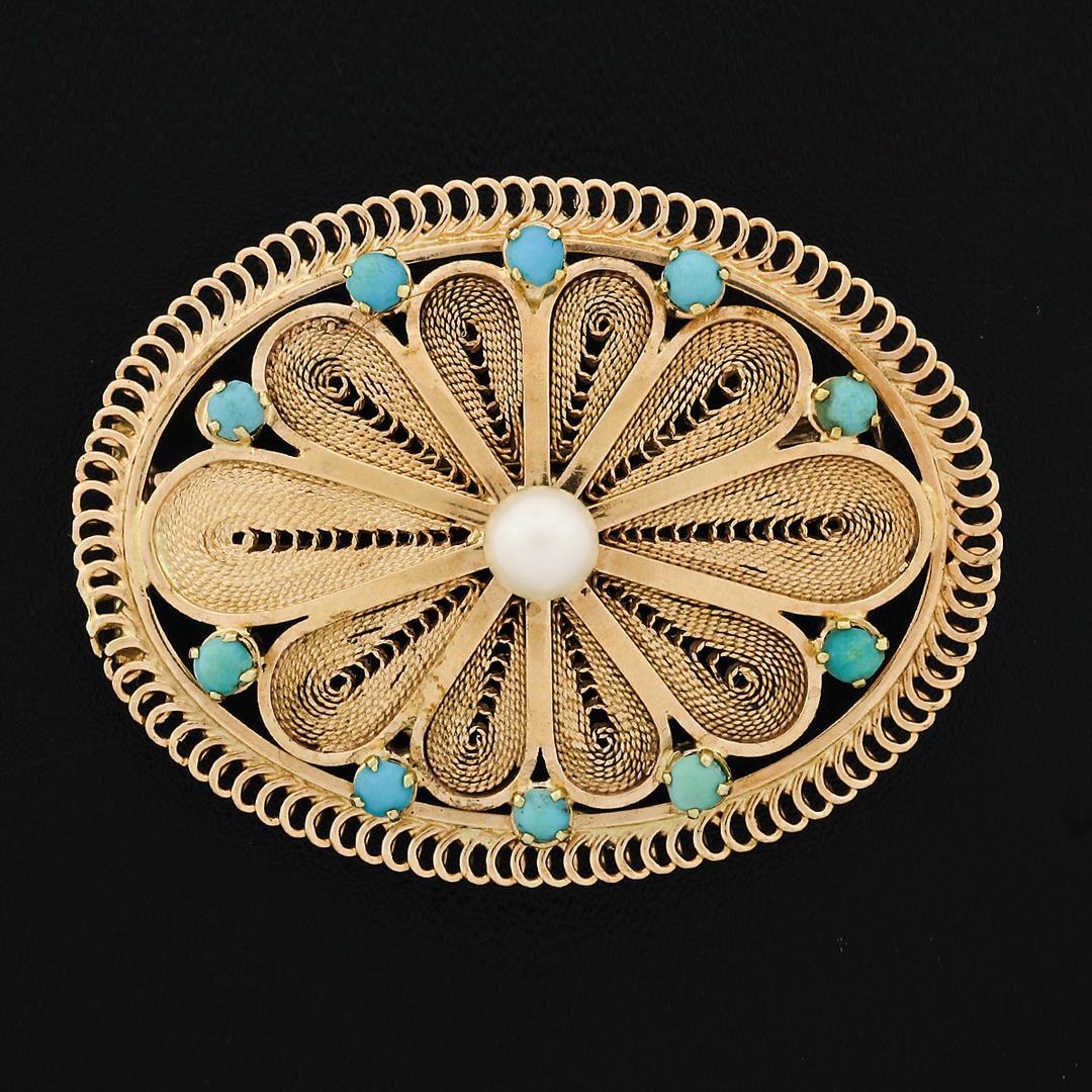 Vintage 14k Gold Pearl & Turquoise Twisted Wire Filigree Brooch Pin or Pendant