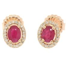 NEW 14k Rose Gold 2.54 ctw Solitaire Oval Ruby w/ Diamond Halo Post Stud Earring