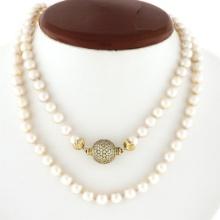 Vintage Long 31" Pearl Strand Necklace w/ 14K Gold 1.5 ctw Pave Diamond Ball Cla