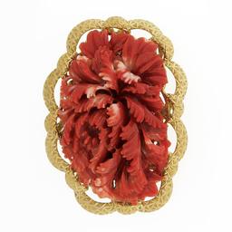 Large Vintage GIA NO DYE Carved Red Coral Brooch w/ Hand Engraved 18k Gold Frame