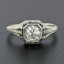 Antique Deco Belais 18k Gold European Diamond Engraved Filigree Engagement Ring