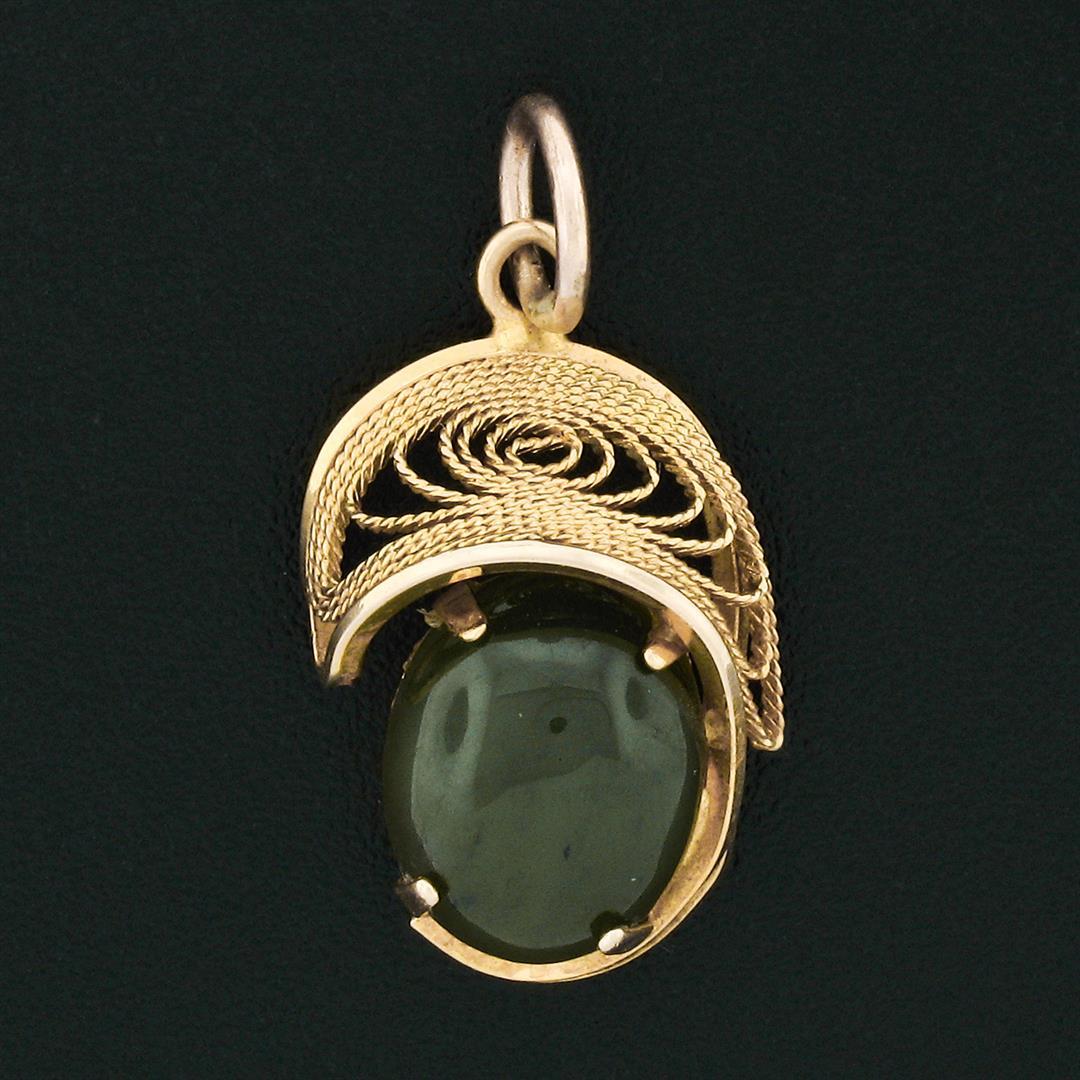 Vintage 14k Yellow Gold Oval Cabochon Cut Jade Detailed Open Swirl Charm Pendant