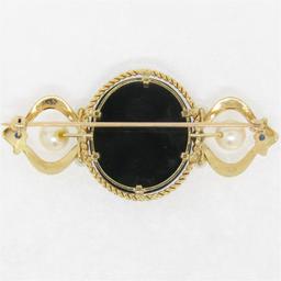 Vintage 14k Yellow Gold Black Onyx Floral Mosaic Sapphire and Pearl Brooch Pin