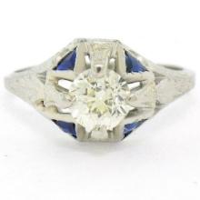 Antique Art Deco 20k White Gold Diamond and Sapphire Engagement Ring