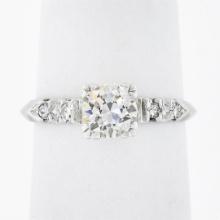 Vintage 14K White Gold.73 ctw Transitional Cut Diamond Engagement Ring w/ Accent