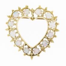 Vintage 14K Yellow Gold Round Cabochon Opal Framed Open Heart Brooch Pin Pendant
