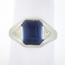 Mens Vintage 14k Gold Cabochon Bezel Blue Stone Solitaire w/ Engraved Sides Ring
