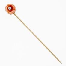 Antique Victorian 10k Yellow Gold Carved Coral Rose & European Diamond Stick Pin