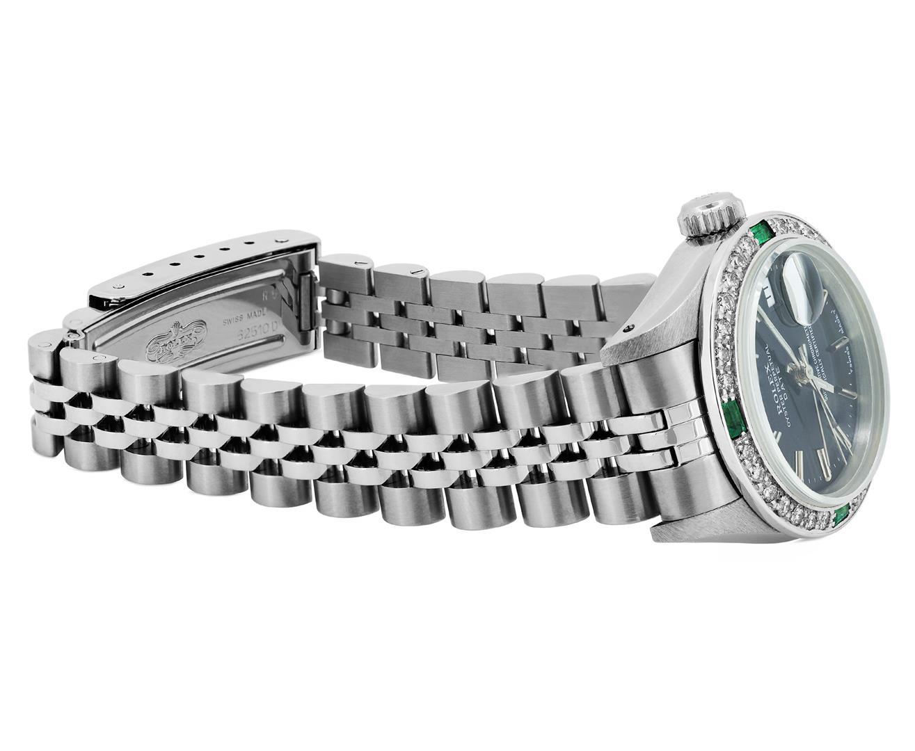 Rolex Ladies Quickset Stainless Steel Black Dial 18K Diamond And Emerald Bezel D