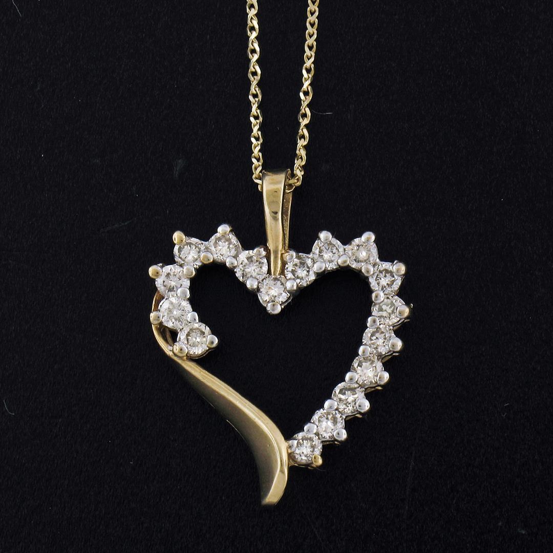 10k Yellow Gold 16" .60 ctw Round Prong Set Diamond Open Heart Pendant Necklace