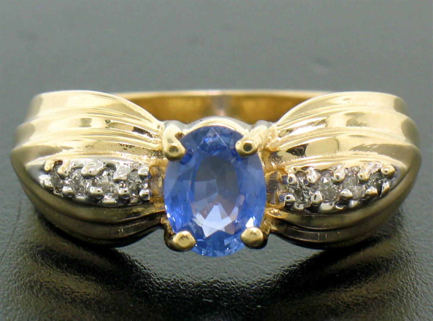 NEW Ribbed 14k Yellow Gold 1.10 ctw Oval Tanzanite Solitaire & Round Diamond Rin