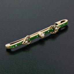 Antique Victorian 14K Gold Safety Pin w/ Green & White Enamel & Pearl Accents