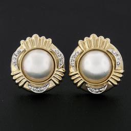 Large 14k Yellow Gold 13.9mm Mabe Pearl & 0.12 ctw Round Diamond Button Earrings