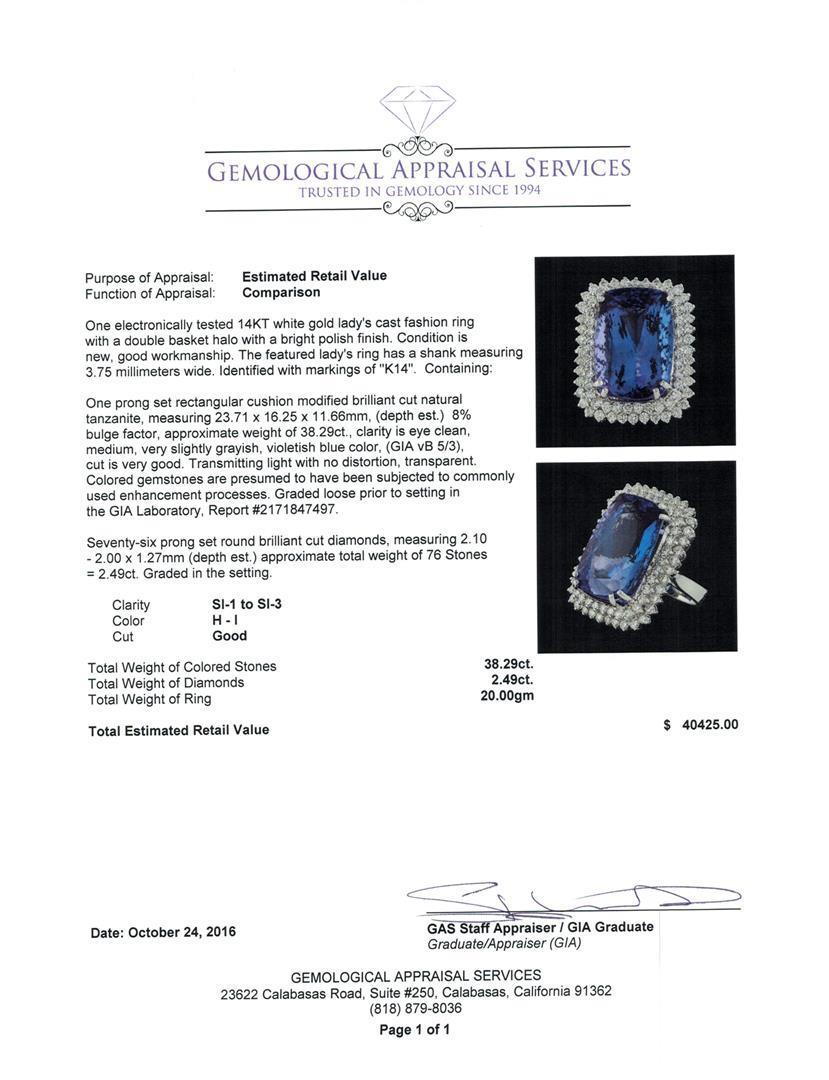 GIA Cert 38.29 ctw Tanzanite and Diamond Ring - 14KT White Gold