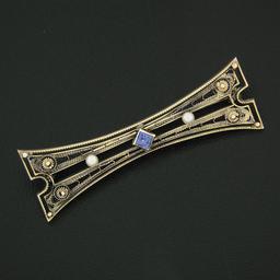 Antique 14k Yellow Gold Square Blue Montana Sapphire & Pearl Open Bar Pin Brooch