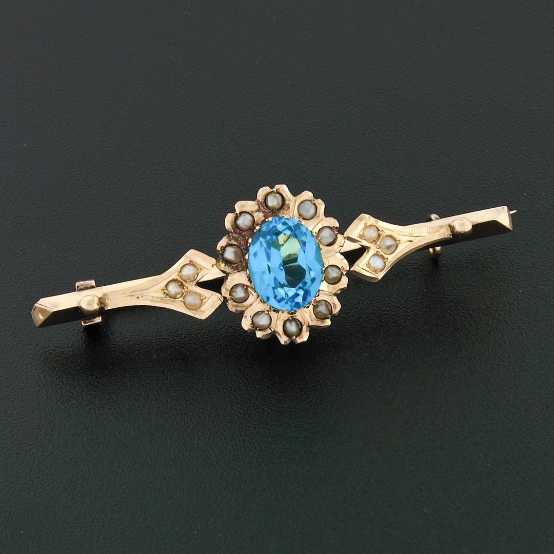 Antique Victorian 14k Gold Blue Stone & Seed Pearl Halo Tapered Bar Brooch Pin