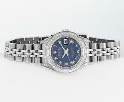 Rolex Ladies Quickset Stainless Steel Blue Roman Dial Diamond Lugs Wristwatch 26