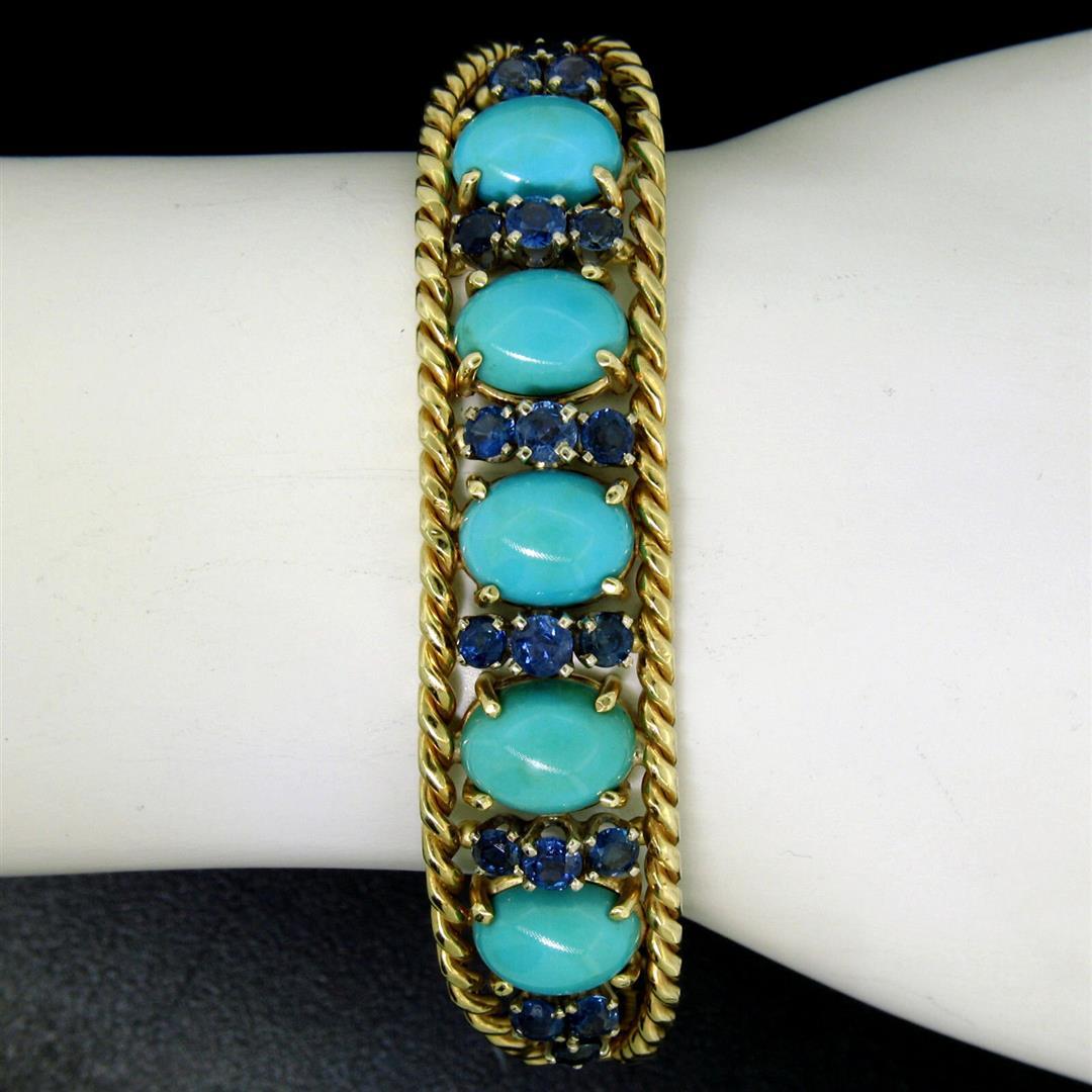 Vintage 14K Yellow Gold Sapphire & Turquoise Twisted Wire Open Bangle Bracelet