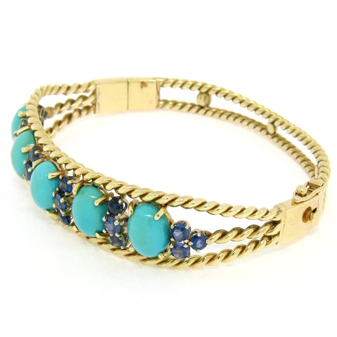 Vintage 14K Yellow Gold Sapphire & Turquoise Twisted Wire Open Bangle Bracelet