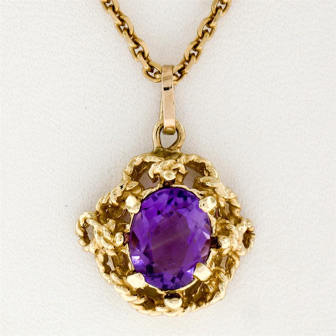 Vintage 14K Yellow Gold 1.75 ctw Oval Amethyst w/ Open Twisted Wire Frame Pendan