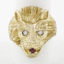 Men's Vintage Heavy 14k Gold .17 ctw Ruby Diamond Eyes Textured 3D Lion Head Rin