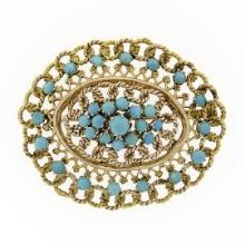 Vintage 14k Yellow Gold Twisted Wire & Round Cabochon Turquoise Open Brooch Pin